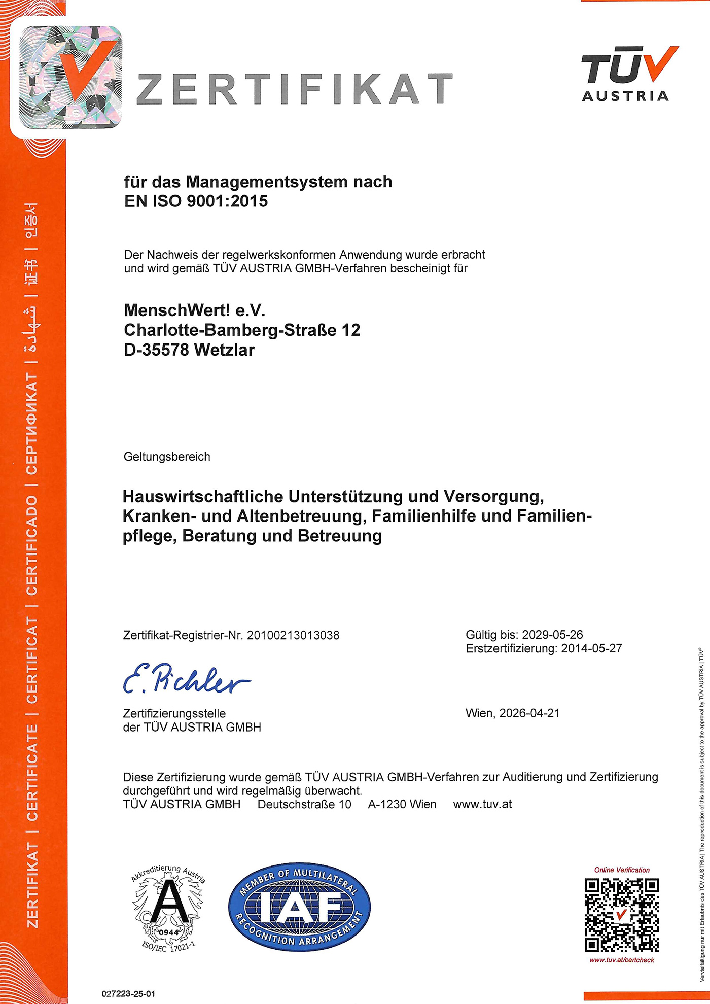 EN ISO 9001:2015 zertifiziertes Dienstleistungsunternehmen