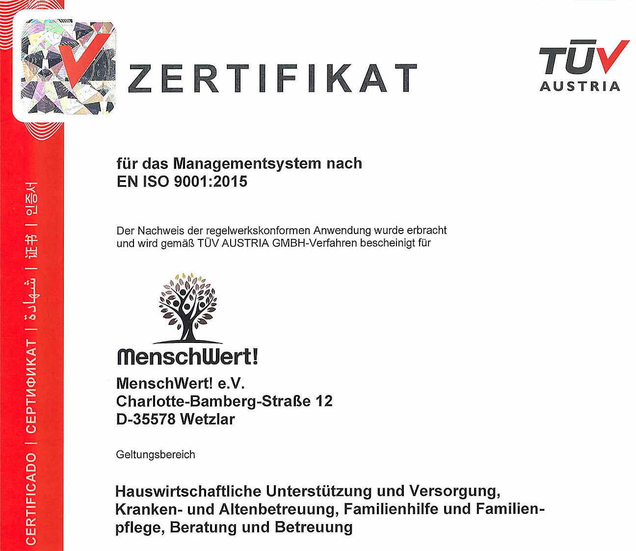 Interner Link zu PDF Zertifikat EN ISO 9001:2015 Qualitätsmanagement Interner Link zu PDF Zertifikat EN ISO 9001:2015 Qualitätsmanagement